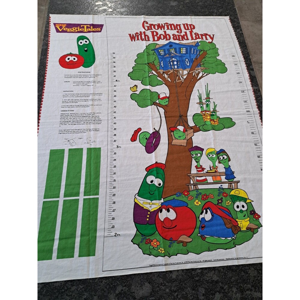 VeggieTales Growing Up wIth Bob and Larry Growth Chart Fabric Panel Y2K VTG 2000